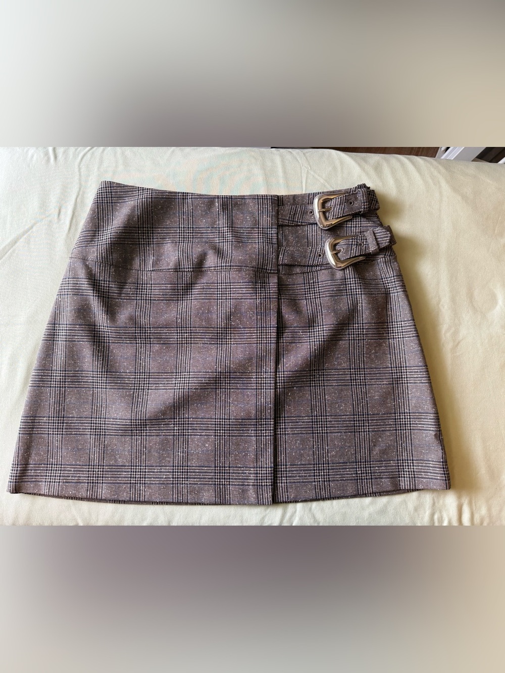 Express Plaid Buckle Mini Skirt Size 8 Brown Blue Glen Plaid Dark Academia